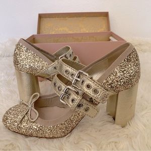 Miu Miu Calzature Donna Glitter Madras Heels in Pirite Size 38.5 WM 8.5